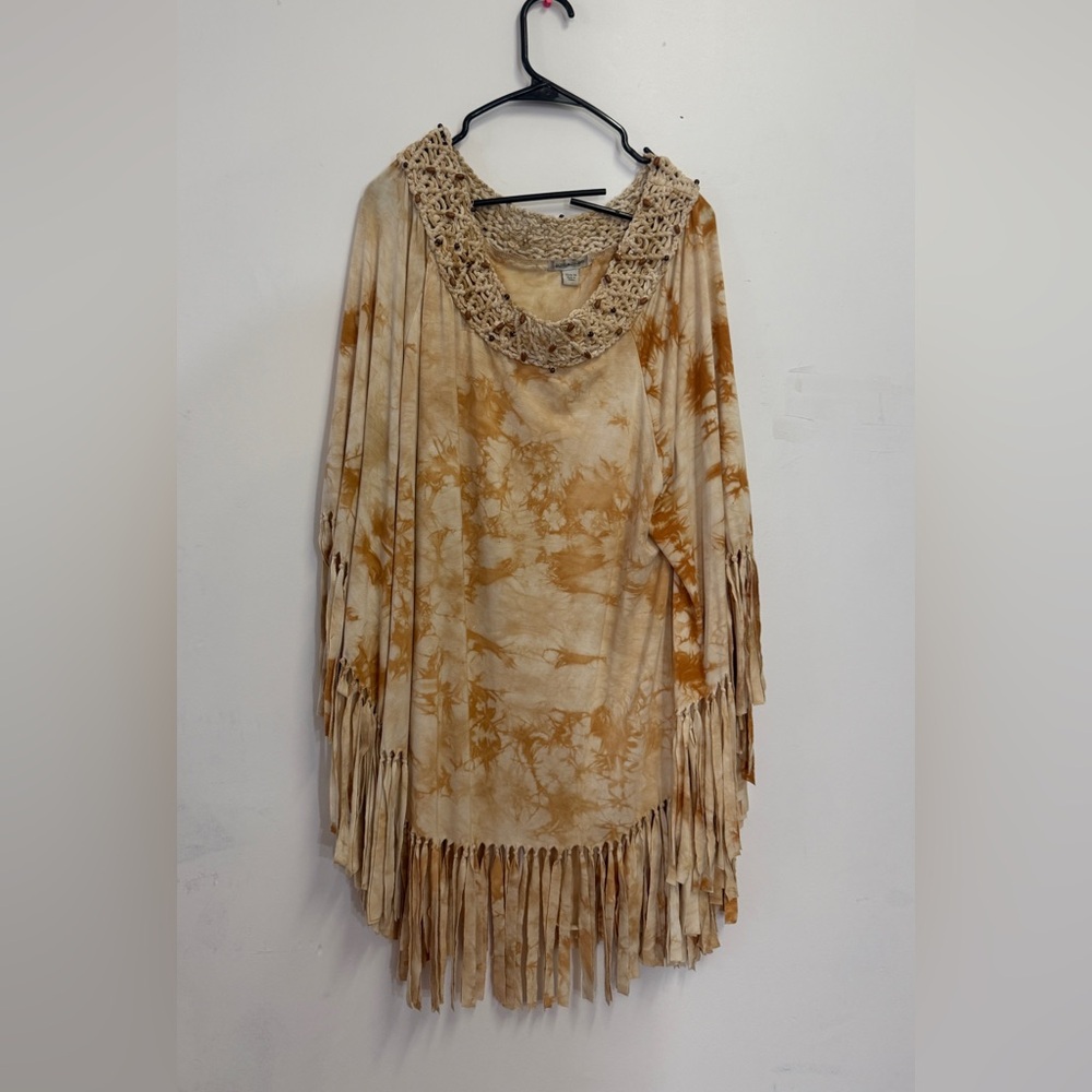 Boston Proper Poncho Tie Dye Beaded Poncho Bohemian Fringe Poncho Western Poncho
